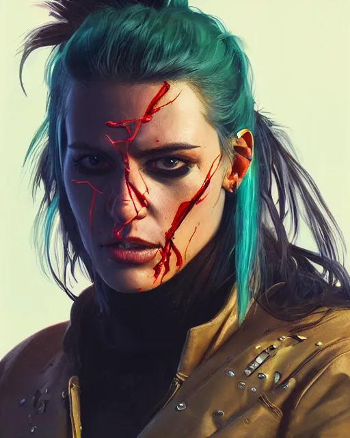 Prompt: '' Face portrait of a fighter with a neon lime leather coat with a scarred eye, long hair with a ponytail , sci-fy, cyberpunk, high detail, 4k , digital painting, artstation, concept art, sharp focus, illustration, art by greg rutkowski and alphonse mucha ''