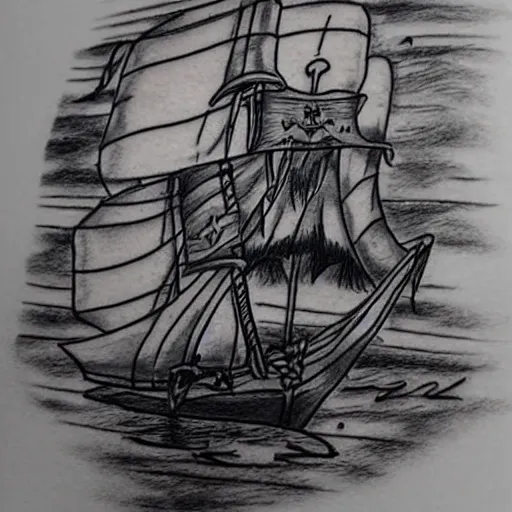 Image similar to A magical pirate ship tattoo realistic tattoo sketch on white background, hyper realistic shaded tattoo, award winning tattoo