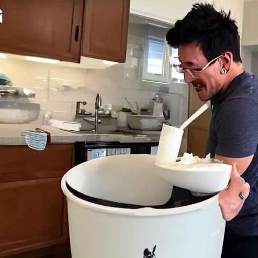 Prompt: markiplier slurping from a bucket of cream using a ladle, but spilling it all over his face and abs