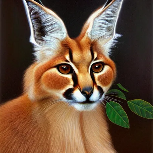 Image similar to fullbody portrait of cute fluffy caracal with laurel wreath on his head, chaplet on head, illustration, high detail, francine van hove