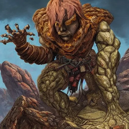 Image similar to dungeons and dragons, rogue rock climbing up the fossilised golem like remains of an ancient giant, very detailed, fantasy art, portrait