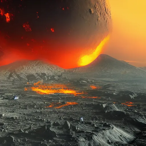 Image similar to moon crash into earth, armageddon, ruined city, realistic, burning sky, volcanic eruption, epic scale, dramatic lighting, 8k, post processing, trending on artstation, environment highly detailed