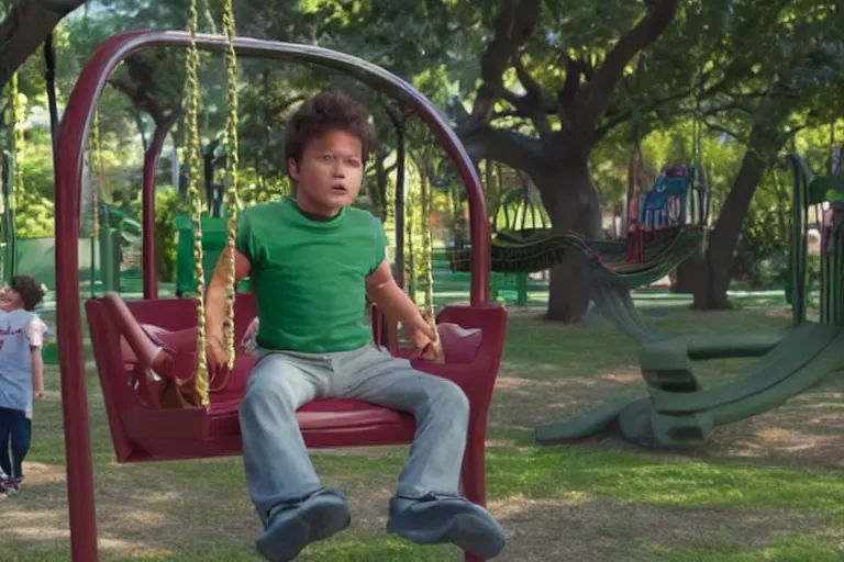 Image similar to hulk in a kid's swing at the children park, still shot from the new hulk movie, 4 k