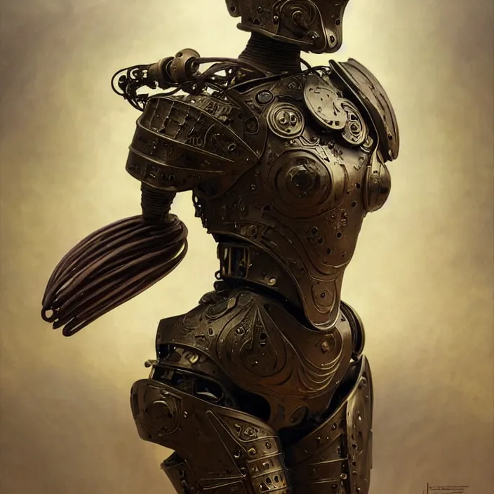 Image similar to pottery cyborg armor, western style raku, diffuse lighting, fantasy, intricate, elegant, highly detailed, lifelike, photorealistic, digital painting, artstation, illustration, concept art, smooth, sharp focus, art by John Collier and Albert Aublet and Krenz Cushart and Artem Demura and Alphonse Mucha