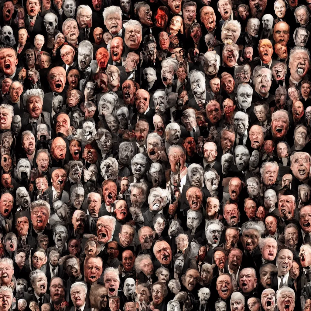 Prompt: a mosaic of terrifying faces, david lynch, horror theme, horror lighting, beautiful render, photorealistic, 4 k, rtx, highly detailed, highly detailed faces