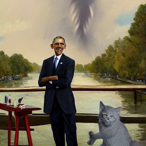 Image similar to obama is dressed as a gentleman at early 2 0 th century paris. he is watching an easel. that easel has a canvas on it. barack obama has a brush on his hand. he is painting a painting. there is a small brown cat with yellow eyes on barack obamas feet. on background has river seine, morning sun, dark clouds, lightning, by frank miller