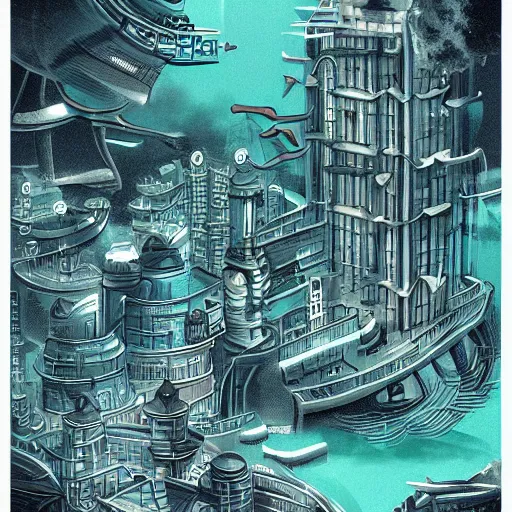 Image similar to deep sea city, urban civilization, sf, gloomy, game illustration