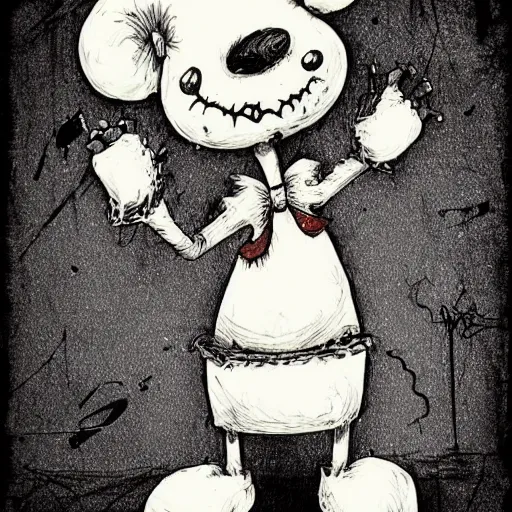 Image similar to grunge drawing of a cartoon teddy bear by - dr seuss , corpse bride style, horror themed, detailed, elegant, intricate