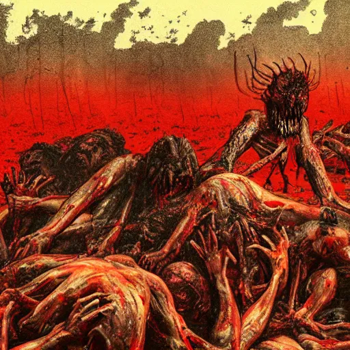 Image similar to demon eating man flesh on a huge pile of dead bloody bodies, rivers of blood running down, black ground, black sky, red sun