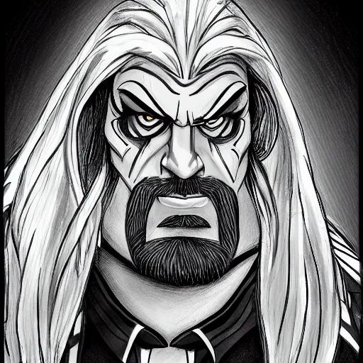 Prompt: Head-to-shoulder shot of Triple H as a Disney villain, Disney, Triple H, wrestling, WWE, Disney style, 2d, Disney 2d animation, digital 2D animation, traditional animation, Disney style, Disney animation, Deviantart, very coherent symmetrical artwork, heroic look, artstation, villain, brightly colored