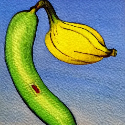 Prompt: oil painting impressionist stopwatch and banana in the shape of an arrow flying through the air, ( bugs buzzing around ), whimsical, detailed,