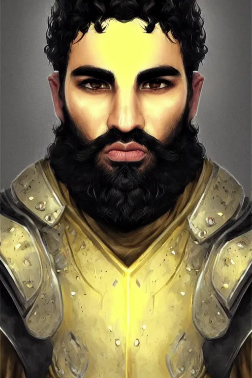 Image similar to Arab man light beard, curly hair, knight, hero, leather armor, yellow and charcoal, character concept art, costume design, black eyes, white horns, trending on artstation, Artgerm , WLOP