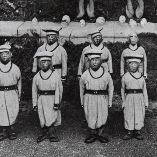 Prompt: old photo of smurfs wearing japanese soldier gear