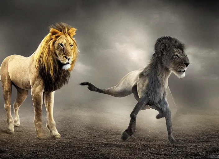 Image similar to a horse with a lion body hybrid, national geographic photography