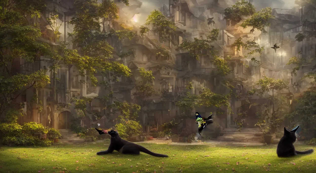 Prompt: Hummingbird playing with, a Bombay Cat, playful, global illumination, octane render, intricate, detailed, happy mood, anime buildings background