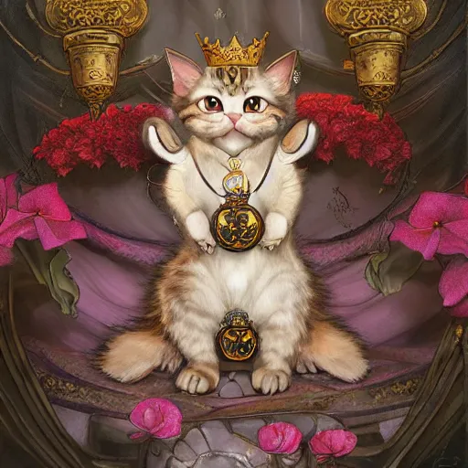 Prompt: A heraldic queen kitty cat with big cute eyes and her paw raised like a maneki-neko and flowers around, D&D, fantasy, intricate, cinematic lighting, highly detailed, digital painting, artstation, concept art, smooth, sharp focus, illustration, art by Akihiko Yoshida, Greg Rutkowski and Alphonse Mucha