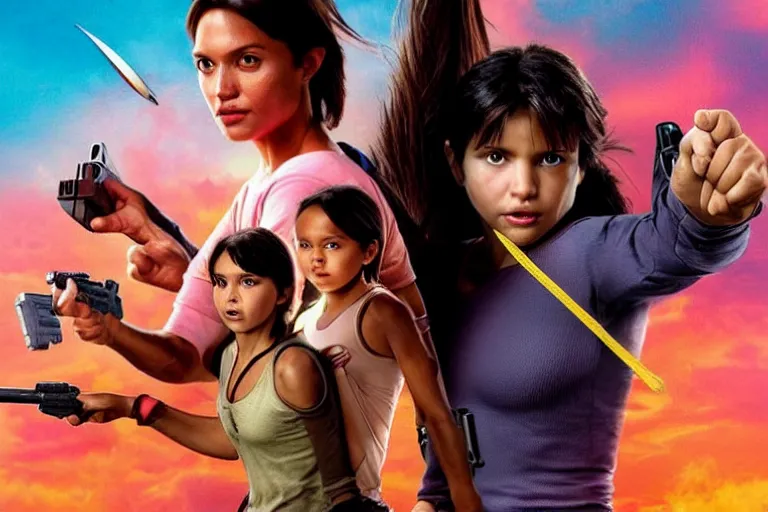 Prompt: Isabela Merced as Dora the Explorer vs Angelina Jolie as Lara Croft, movie poster, film by Michael Bay, dora pink shirt, lara white shirt