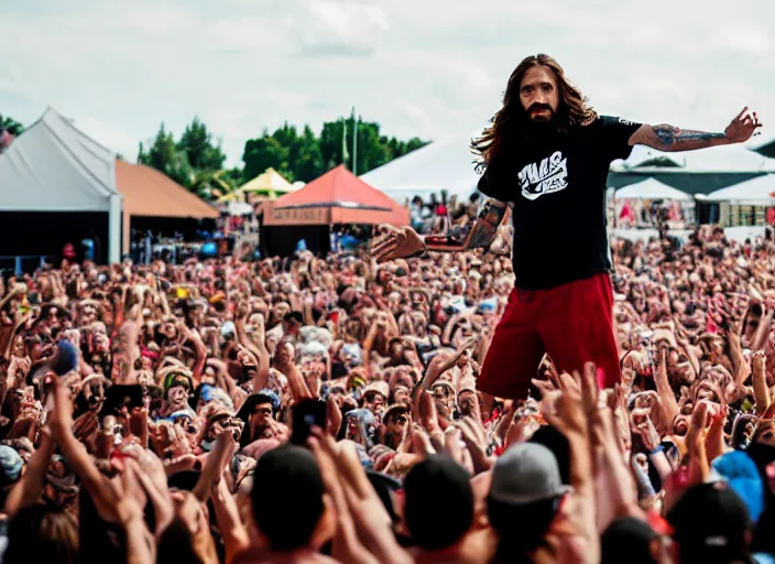 Image similar to photo still of jesus christ on stage at vans warped tour!!!!!!!! at age 3 2 years old 3 2 years of age!!!!!!! throwing bibles to the crowd, 8 k, 8 5 mm f 1. 8, studio lighting, rim light, right side key light