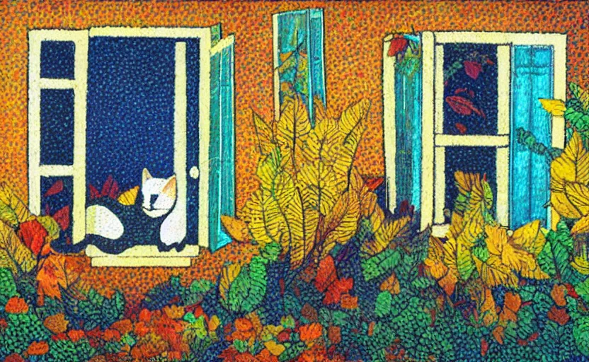 Prompt: sleeping cat on window, inside house in village, plants, autumn colors, divisionism and pointillism style