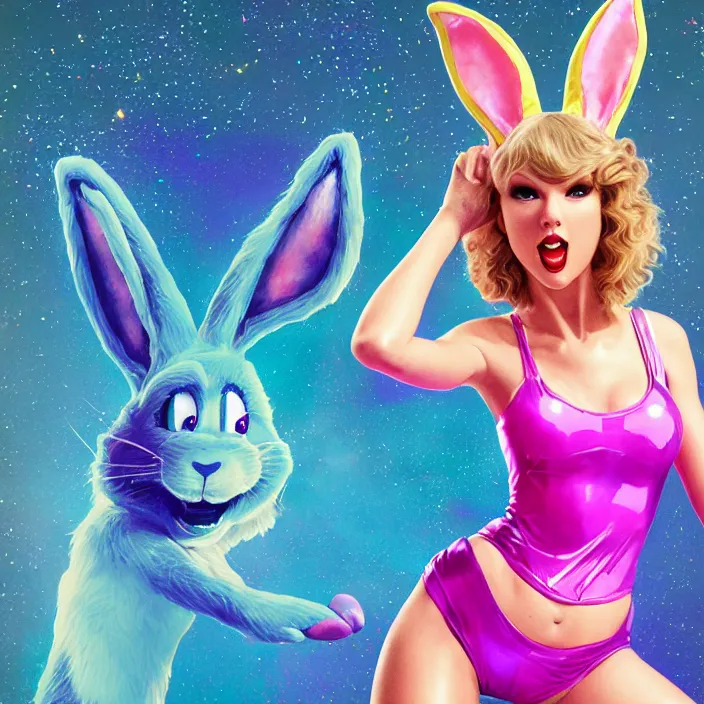 Image similar to portrait of Taylor Swift as Lola Bunny in Space Jam 1996. bunny ears. intricate abstract. intricate artwork. by Tooth Wu, wlop, beeple, dan mumford. octane render, trending on artstation, greg rutkowski very coherent symmetrical artwork. cinematic, hyper realism, high detail, octane render, 8k, iridescent accents