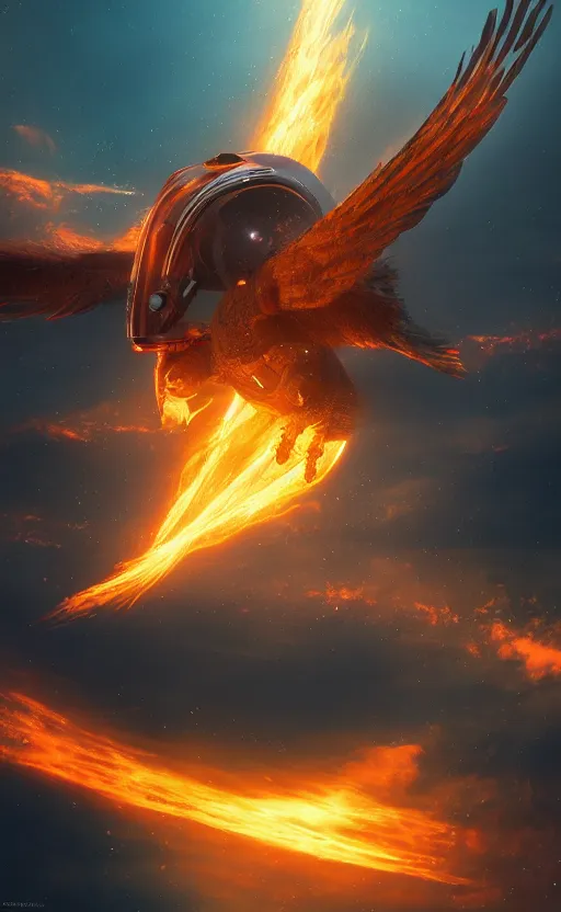 Prompt: a spaceship in the shape of a phoenix bird, robot, portrait, fire, ash, electricity lightning, furry, soft, concept art, sharp focus, intricate details, highly detailed, photorealistic, disney pixar, octane render, iridescent, anime, 8 k