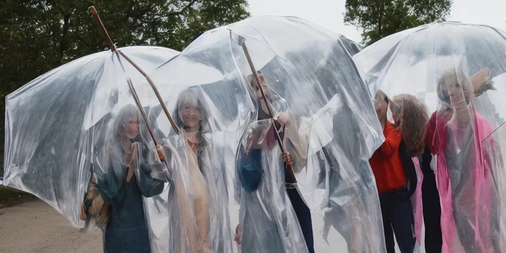 Image similar to people in transparent raincoats holding transparent umbrellas