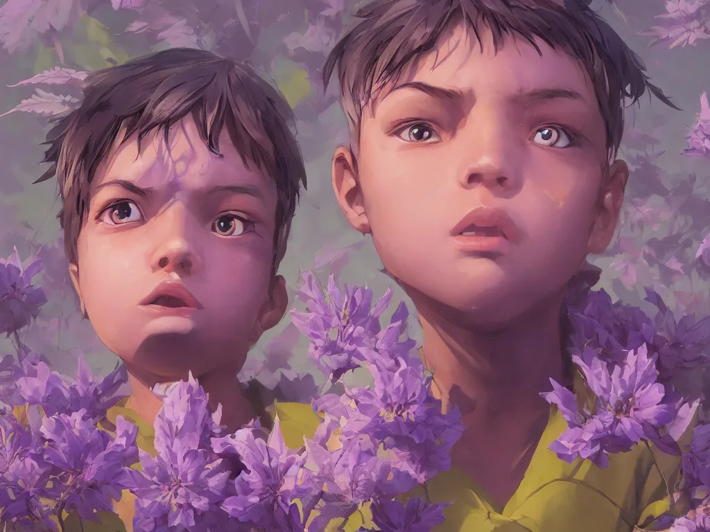 Image similar to kid with symmetrical beauty face, purple flowers of marijuana hemp cannabis, behance hd, by jesper ejsing, by rhads, makoto shinkai, lois van baarle, ilya kuvshinov, rossdraws global illumination, golden ratio