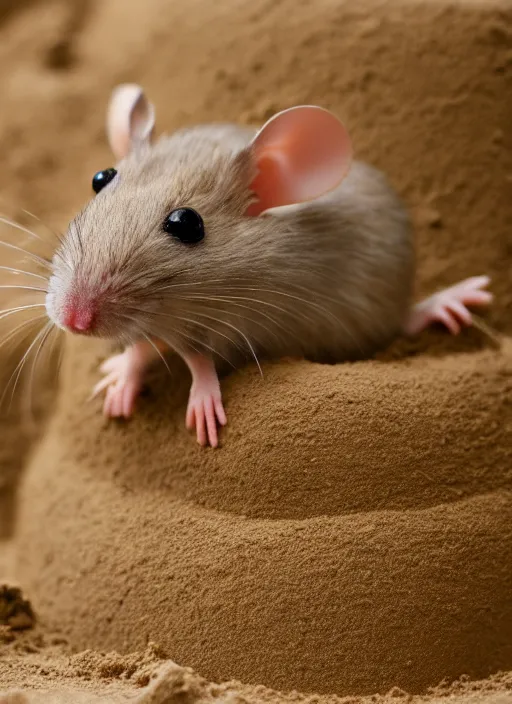 Image similar to wide dslr photo still of a mouse inside a perfect sandcastle, 8 k, 8 5 mm f 1. 4