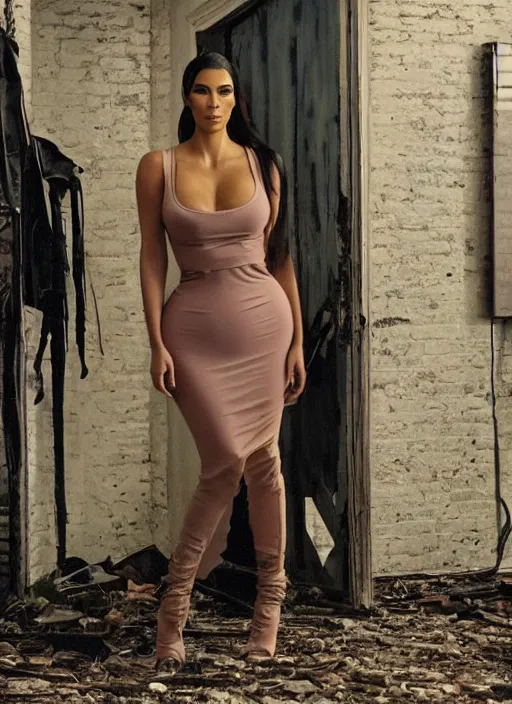 Prompt: film still of kim kardashian dressed as tupac, derelict house, cinematic lighting,