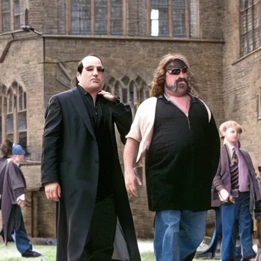 Image similar to Tony Soprano and Kurt Russell visiting Hogwarts,