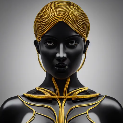 Prompt: smooth white marble statue face of gorgeous woman, black onyx details, black and gold wires, hyper realistic render, super detailed, photo quality, octane render, corona render