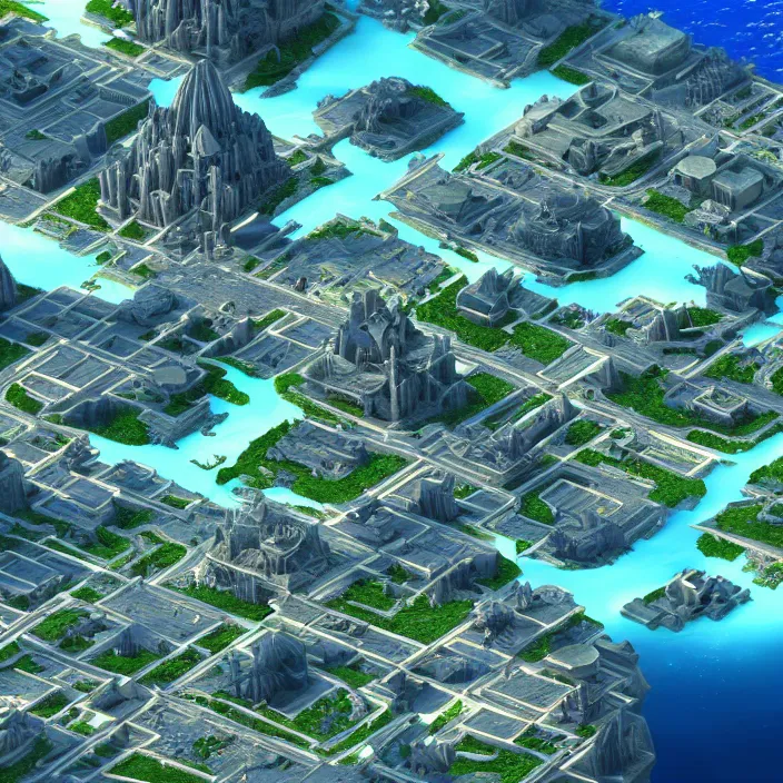 Image similar to hyper realistic, top down view, high detail photo of city of atlantis, underwater, lights on, beautiful, dreary lighting