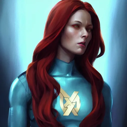 Image similar to jean grey, a half body of jean grey, comic, x - men, highly detailed, artstation, digital painting, vivid colors, realistic shaded perfect face, soft lighting, atmospheric, cinematic, moody, in the style of krenz cushart, oil on canvas, 8 k