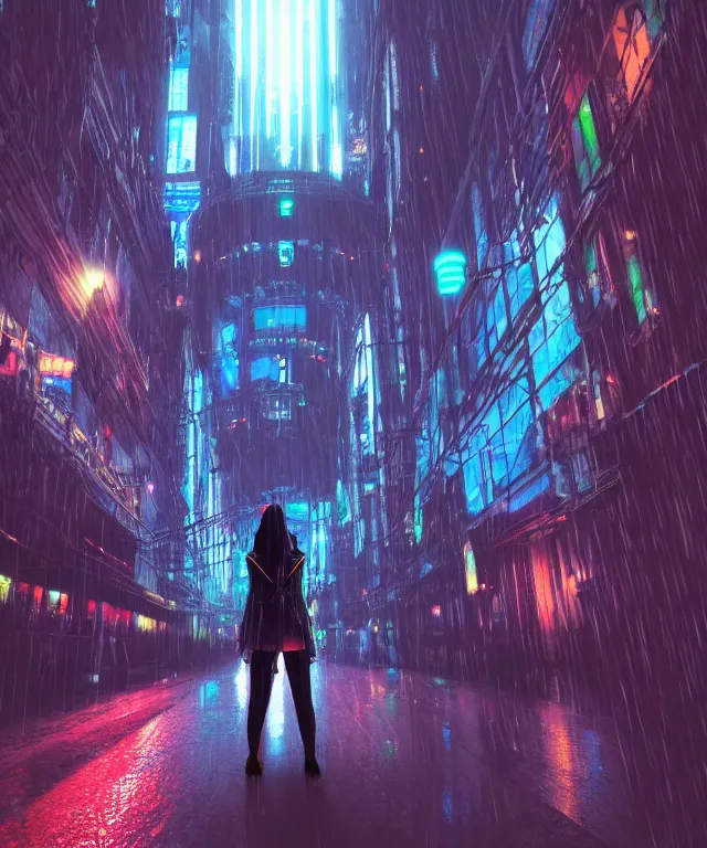 Prompt: worm's eye view of a tall brightly lit cyberpunk cathedral at night in the rain, worm's eye view of a woman holding an umbrella gazing upward with wonder, octane ray tracing, volumetric lighting, worm's eye view, trending on artstation