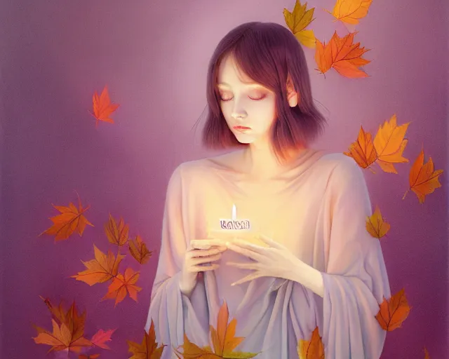 Image similar to highly detailed pastel colors painting of an symmetric ethereal witch with a candle, morphing into autumn leaves, by artgerm and hsiao - ron cheng, smooth composition, fine patterns and detail