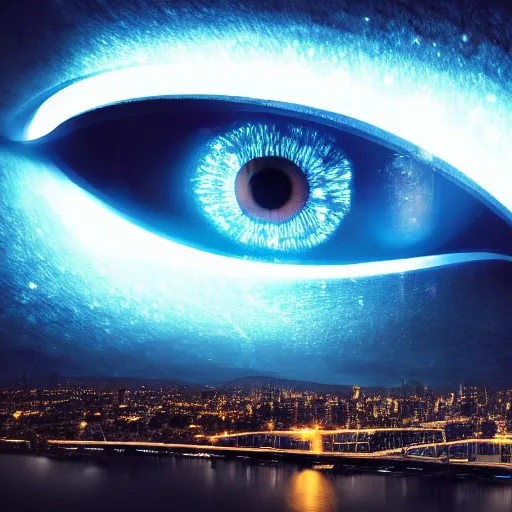 Image similar to a futuristic cityscape, giant eye looking over it, horror, dark light, 8 k, detailed, hyperrealistic