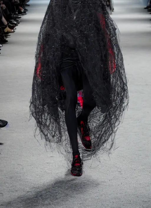 Image similar to hyperrealistic and heavy detailed balenciaga avant garde runway show of jason voorhees, leica sl 2 5 0 mm, vivid color, high quality, high textured, real life, full body in shot, medium distance