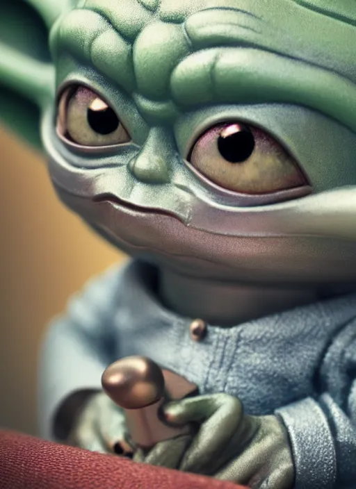 Image similar to closeup of a tin toy baby yoda, depth of field, zeiss lens, detailed, symmetrical, centered, fashion photoshoot, by nicoletta ceccoli, mark ryden, lostfish, earl nore, hyung tae, frank frazetta, breathtaking, 8 k resolution, extremely detailed, beautiful, establishing shot, artistic, hyperrealistic, octane render