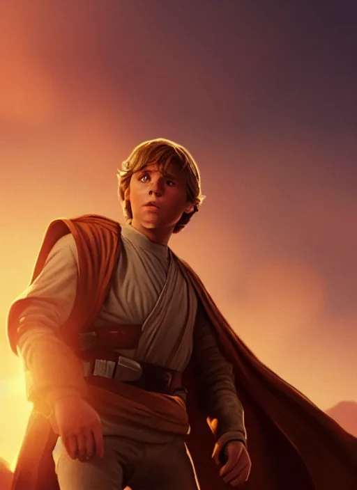 Prompt: young luke skywalker in a heroic action pose against a tatooine sunset, close up, dramatic lighting, octane render, digital art