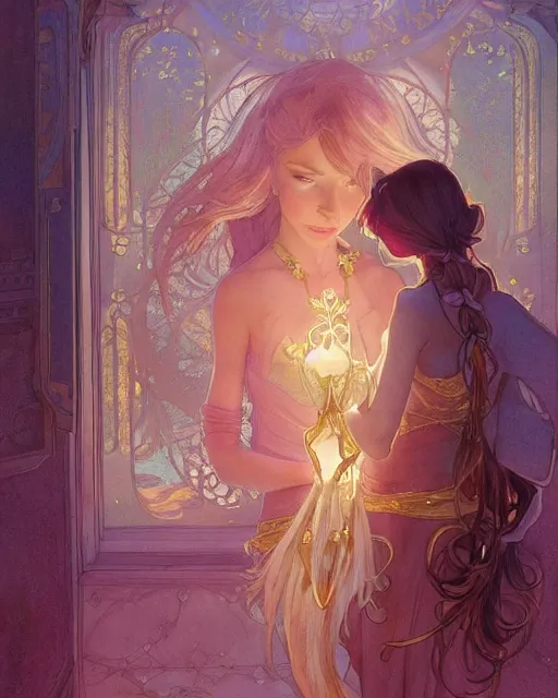 Image similar to secret romance, highly detailed,, gold filigree, romantic storybook fantasy, soft cinematic lighting, award, disney concept art watercolor illustration by mandy jurgens and alphonse mucha and alena aenami, pastel color palette, featured on artstation