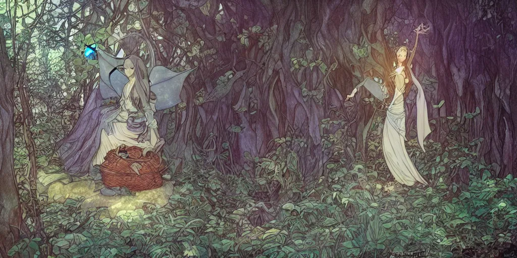 Image similar to an elvish Fairy house in the Woods, fantasy, art nouveau, daylight, warm light, spring, studio ghibli, Moebius, alphonse mucha, siya oum, ultra detailed, High definition, Sharp, artstation