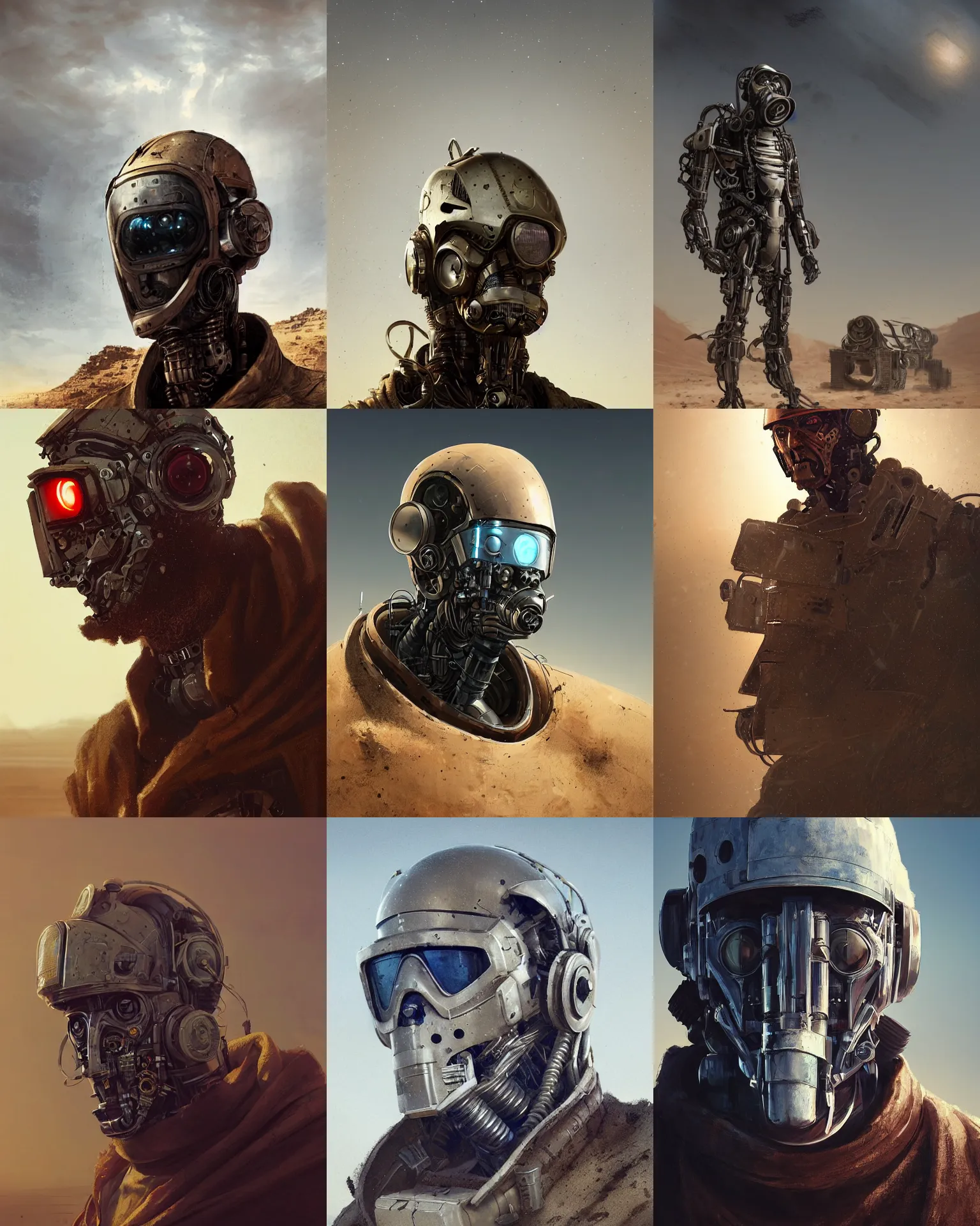 Prompt: a masked rugged engineer man with cybernetic enhancements lost in the desert, scifi character portrait by greg rutkowski, esuthio, craig mullins, 1 / 4 headshot, cinematic lighting, dystopian scifi gear, gloomy, profile picture, mechanical, half robot, implants, steampunk