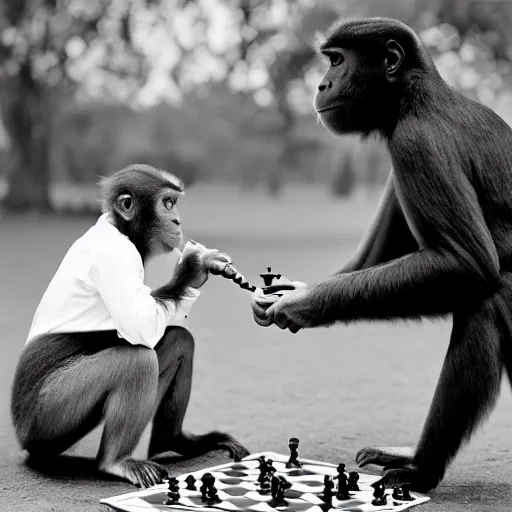 Image similar to black and white portrait photo of a monkey playing chess in a park by annie liebovitz,