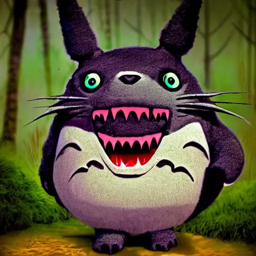 Image similar to trail cam footage of a terrifying totoro monster with fangs and glowing eyes about to attack the camera from the shadows, gothic, horror film, claws, sharp teeth, aggressive, violent, realistic,