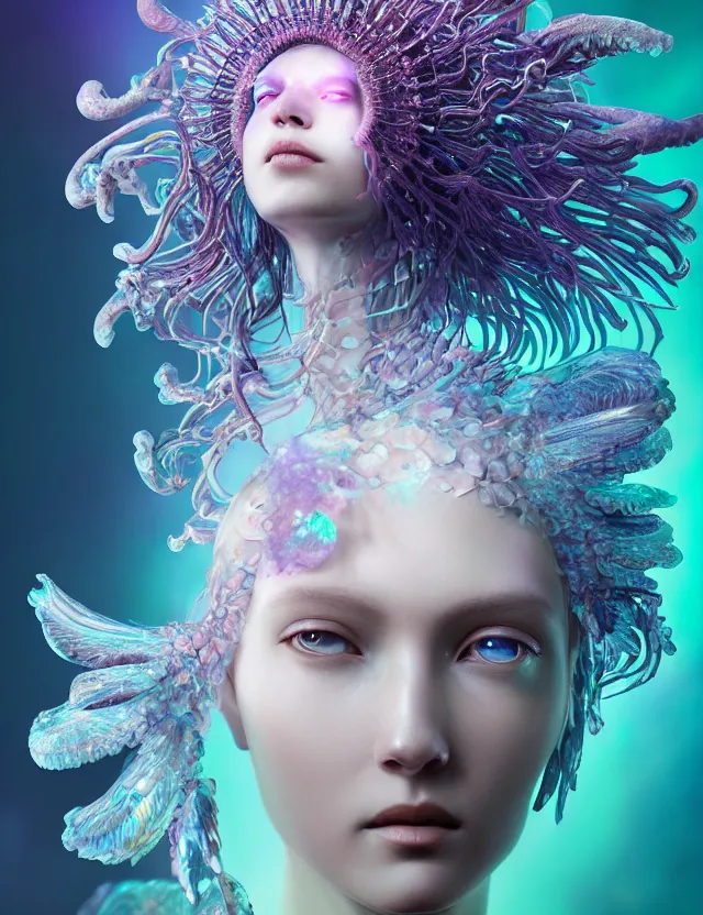 Prompt: 3 d goddess macro close - up portrait wigh crown made of ram skull. betta fish, jellyfish phoenix, bioluminiscent, plasma, ice, water, wind, creature, super intricate ornaments artwork by tooth wu and wlop and beeple and greg rutkowski