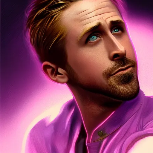 Prompt: ryan gosling doing gay gestures, surprised, mouth open, pink lighting ultra realistic photorealistic highly detailed high quality, a stunningly, digital painting, artstation, concept art, smooth, sharp focus, illustration, art by artgerm and greg rutkowski and alphonse mucha 8 k