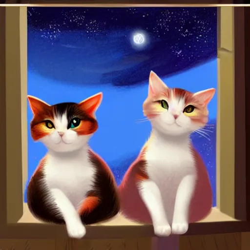 Prompt: two cute multi - colored calico cats sleeping inside a cozy home in the evening, stars shining in the night sky through the window,, artstation, cgsociety, storybook art