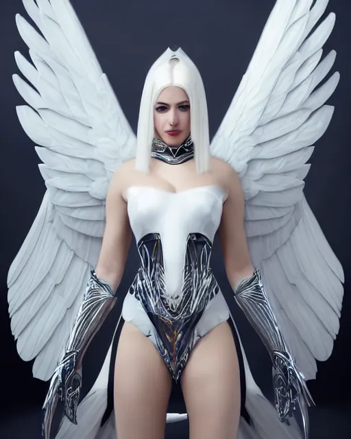 Image similar to perfect white haired attractive egyptian goddess with huge white dove wings, warframe armor, beautiful, symmetric, dreamy, half asian, pretty face, blue eyes, detailed, scifi platform, laboratory, experiment, 4 k, ultra realistic, epic lighting, android body, illuminated, cinematic, masterpiece, art by akihito tsukushi, voidstar