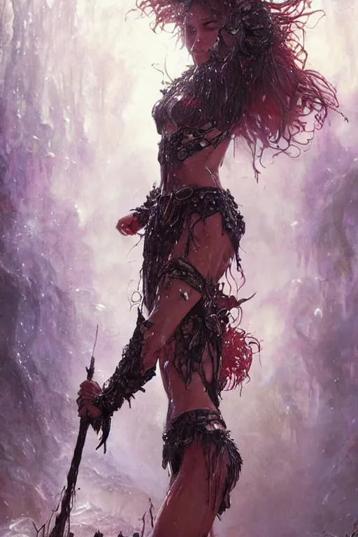 Image similar to portrait of a beautiful woman wearing a dark fantasy armor, drenched body, wet dripping hair, emerging from the water, fantasy, regal, fractal crystal, fractal gems, by stanley artgerm lau, greg rutkowski, thomas kindkade, alphonse mucha, loish, norman rockwell, ross tran