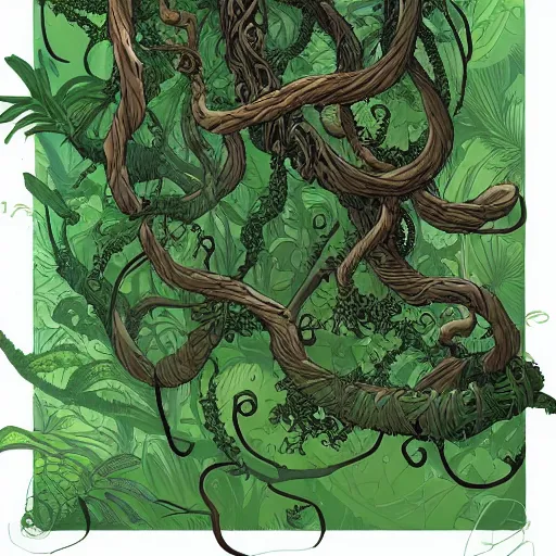 Prompt: EXTREMELY DETAILED TWISTED DENSE vegetation stunning jungle beautifully-rendered verdant green ENT NYMPH twisting winding knotted tangled vines and trees by moebius by James Jean, by Mike Mignola comic graphic novel style action illustration COMPLICATED INTRICATE BUSY, gritty textured, trending on artstation